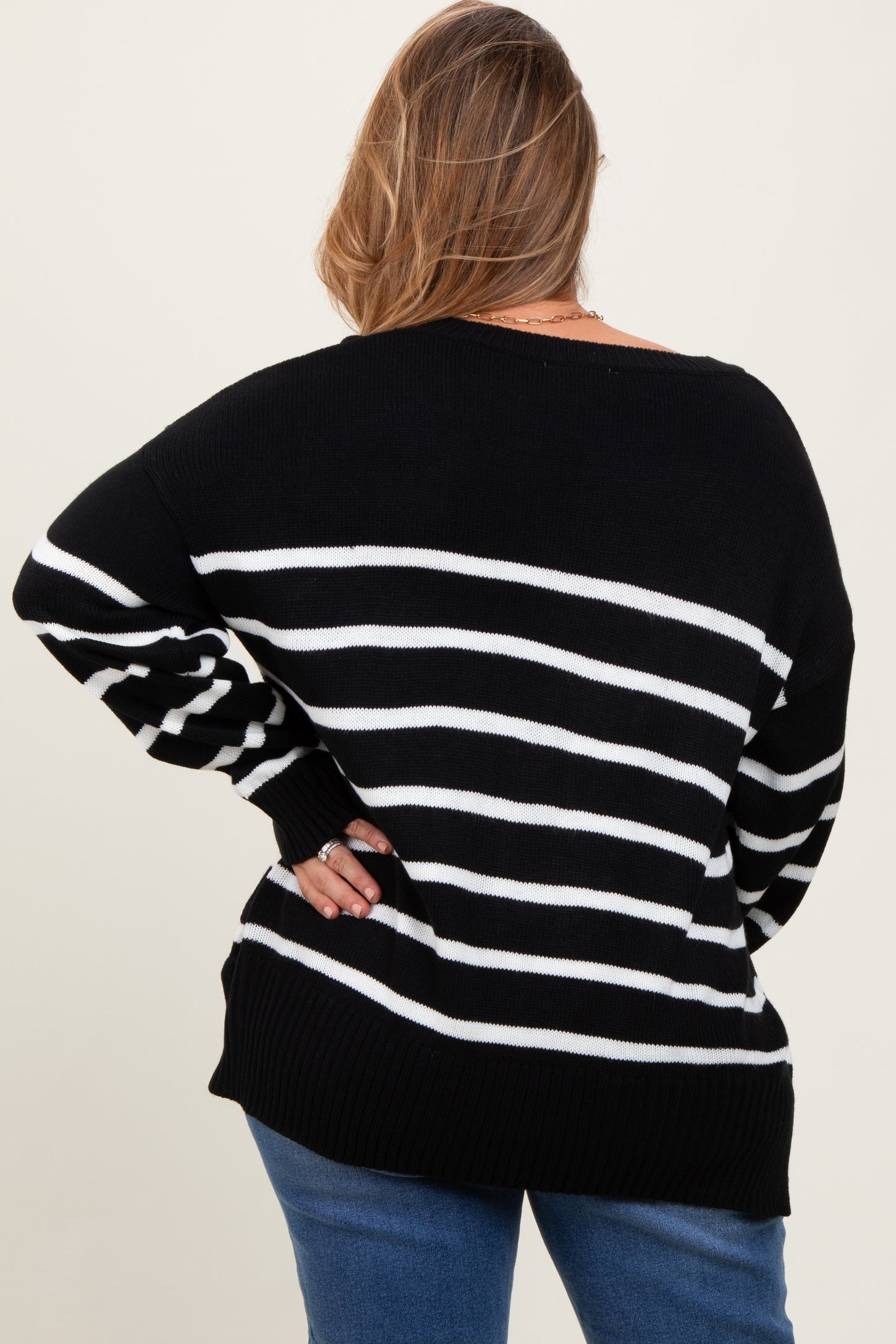 Black Striped Side Slit Maternity Plus Sweater