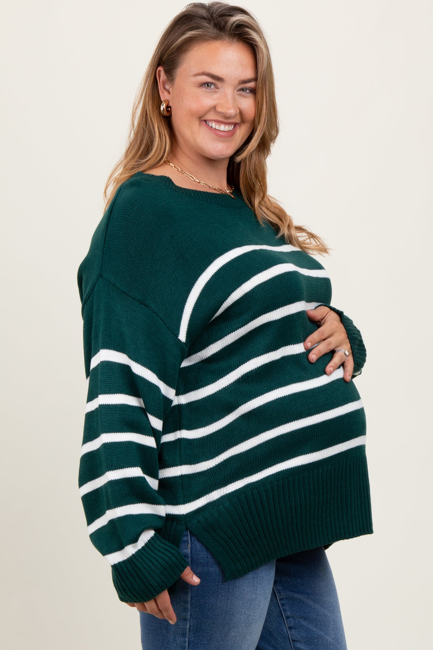 Forest Green Striped Side Slit Maternity Plus Sweater