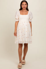 Cream Floral Embroidered Smocked Maternity Dress