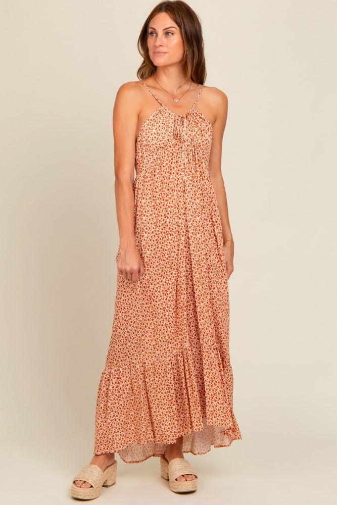 Beige Floral Tie Front Maxi Dress