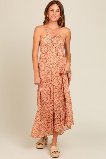 Beige Floral Tie Front Maxi Dress