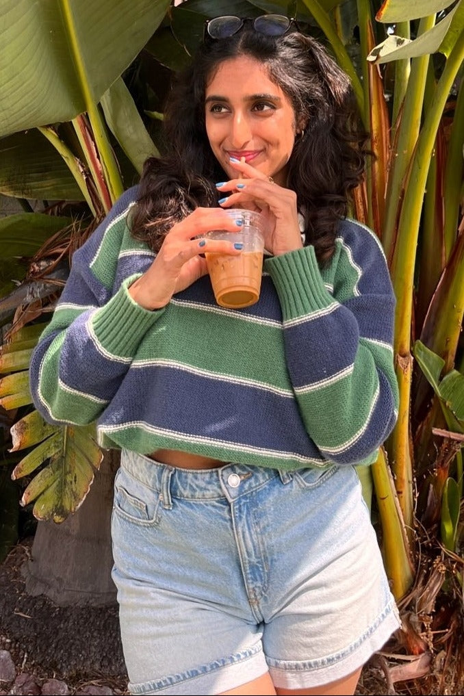 Green Striped Polo Knit Sweater