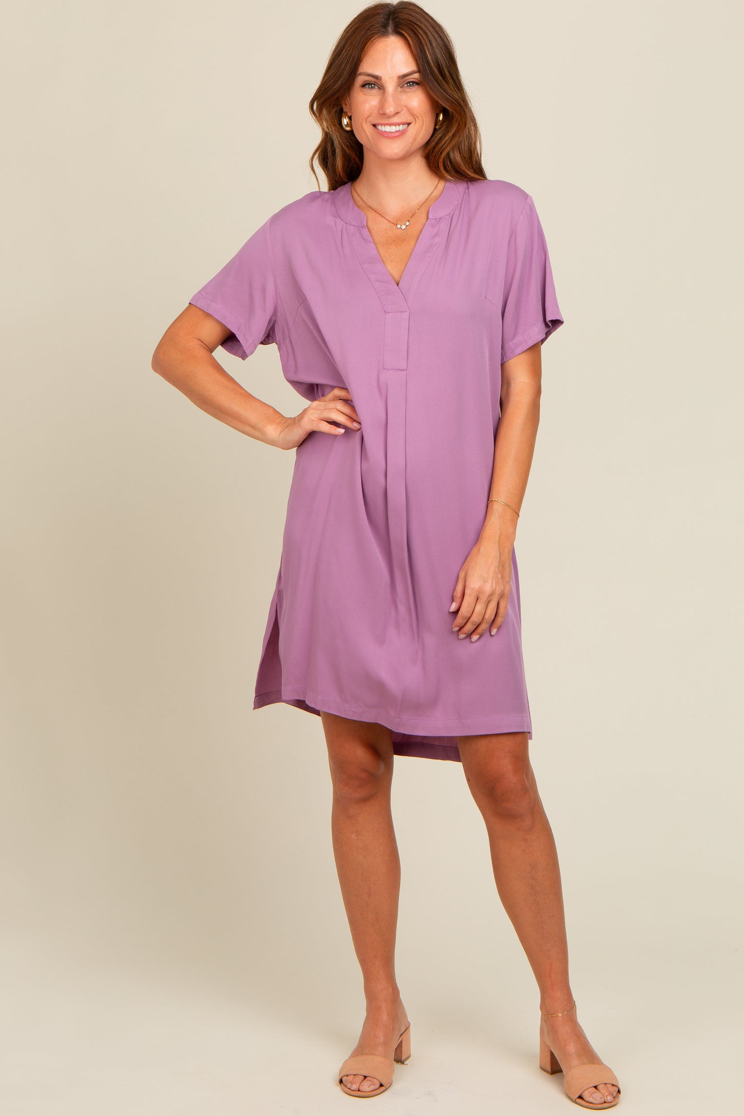 Lavender V-Neck Basic Shirt Dress