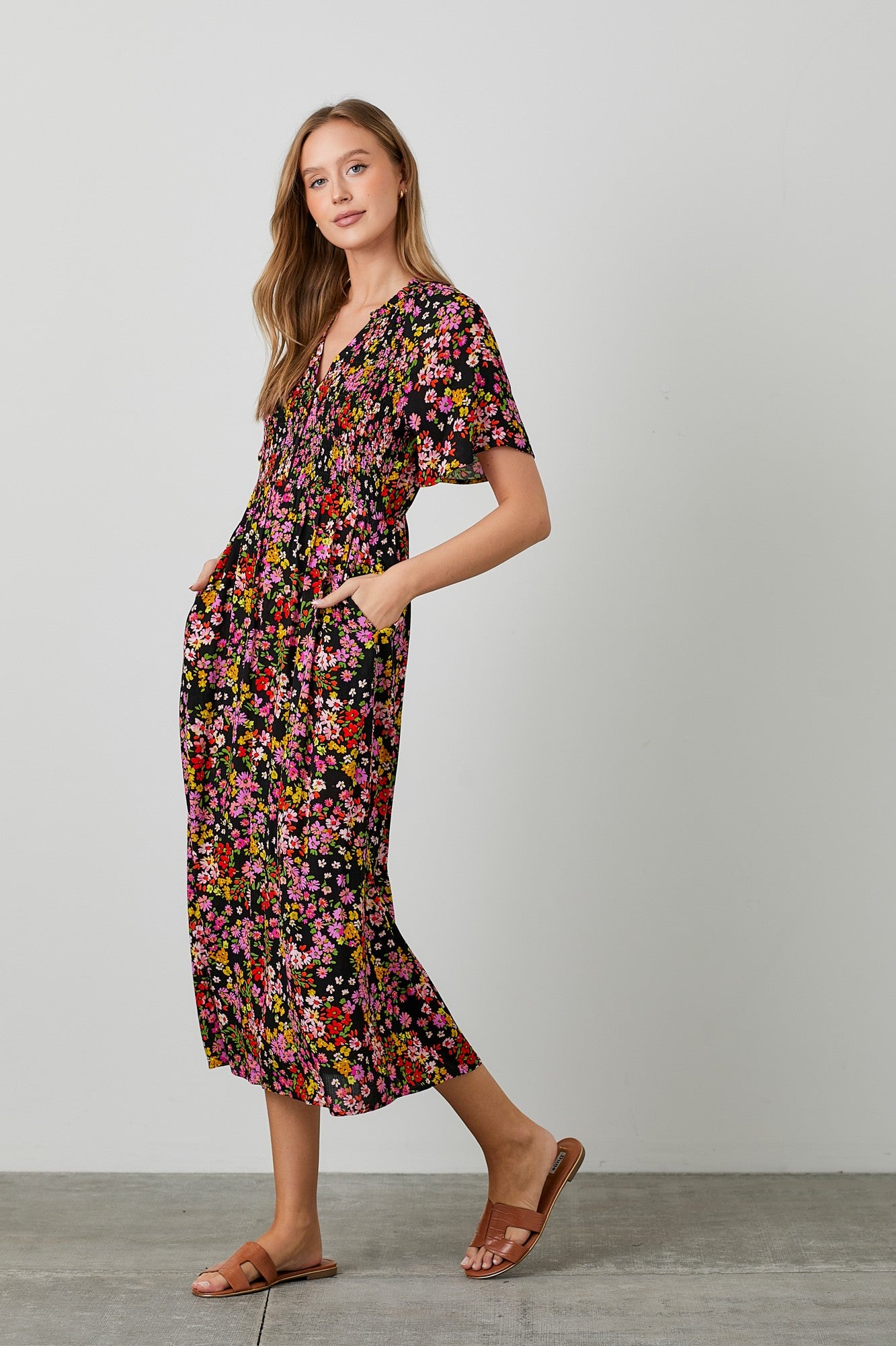 Black Floral Smocked Button Up Midi Dress