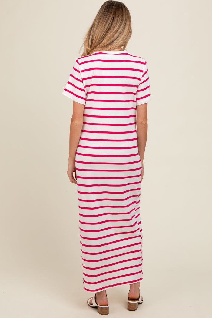 woman wearing a pink and white striped maternity maxi dress with short sleeves, showing the back view
