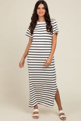 White Striped Side Slit Maternity Maxi Dress