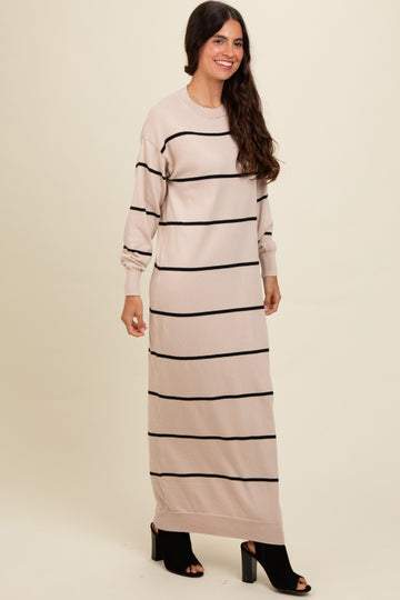 Beige Striped Knit Drop Shoulder Midi Dress