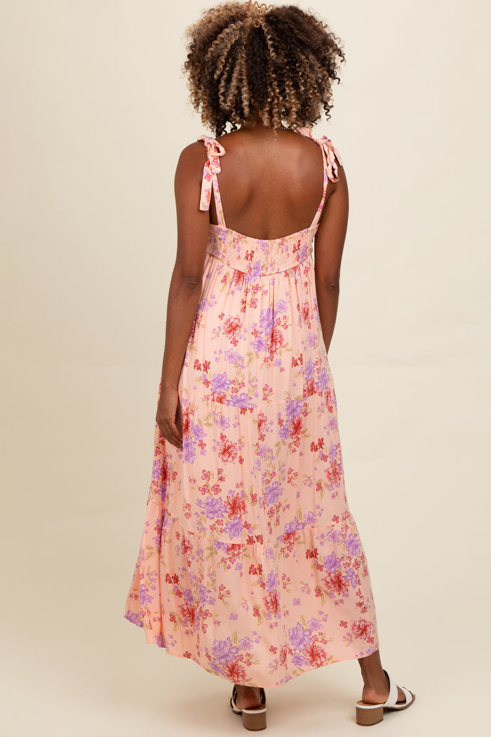 Peach Floral Tie Strap Maxi Dress