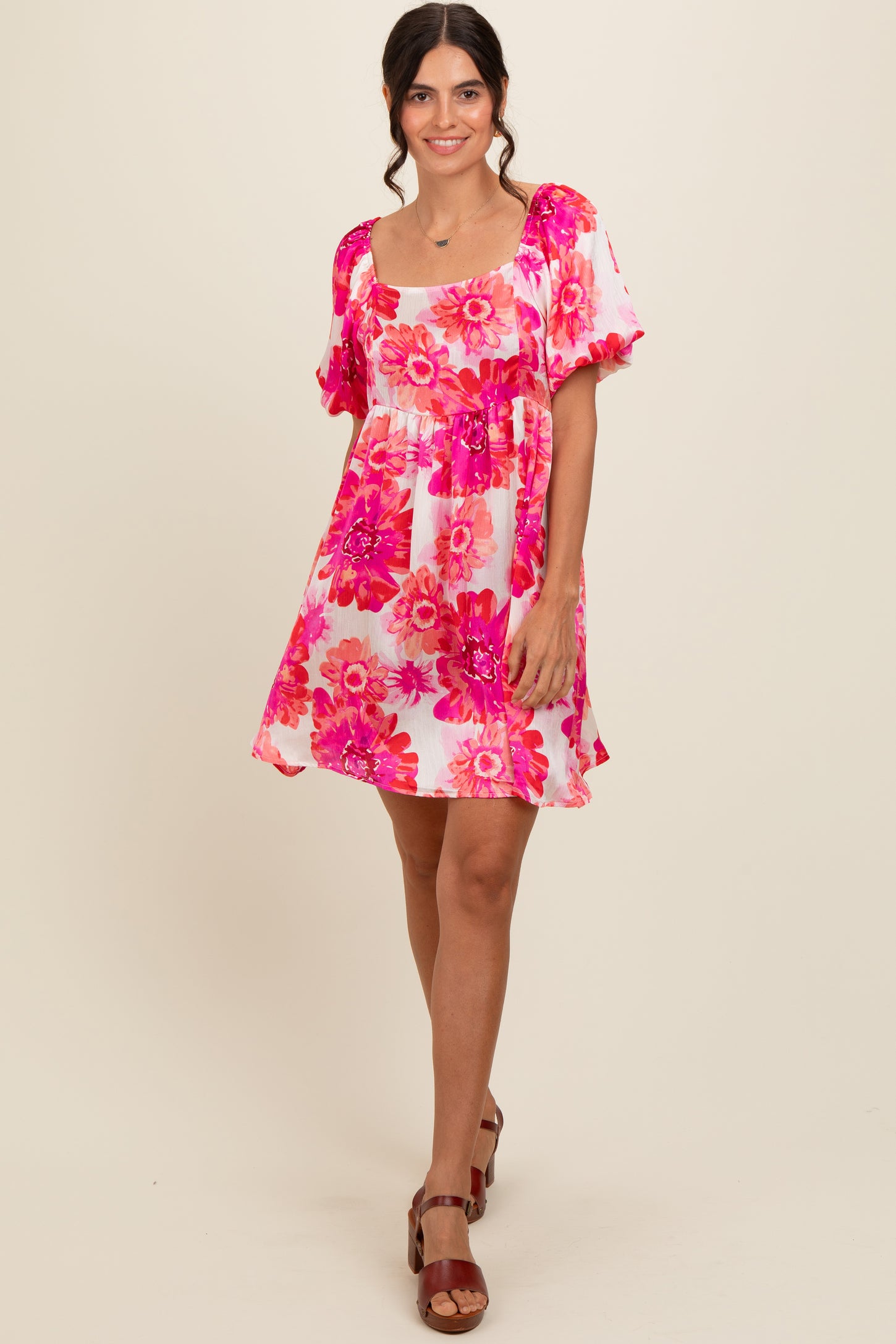 Fuchsia Floral Puff Sleeve Maternity Dress