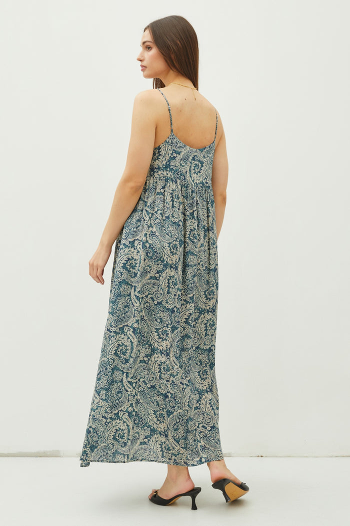 Teal Paisley Babydoll Cami Strap Maxi Dress
