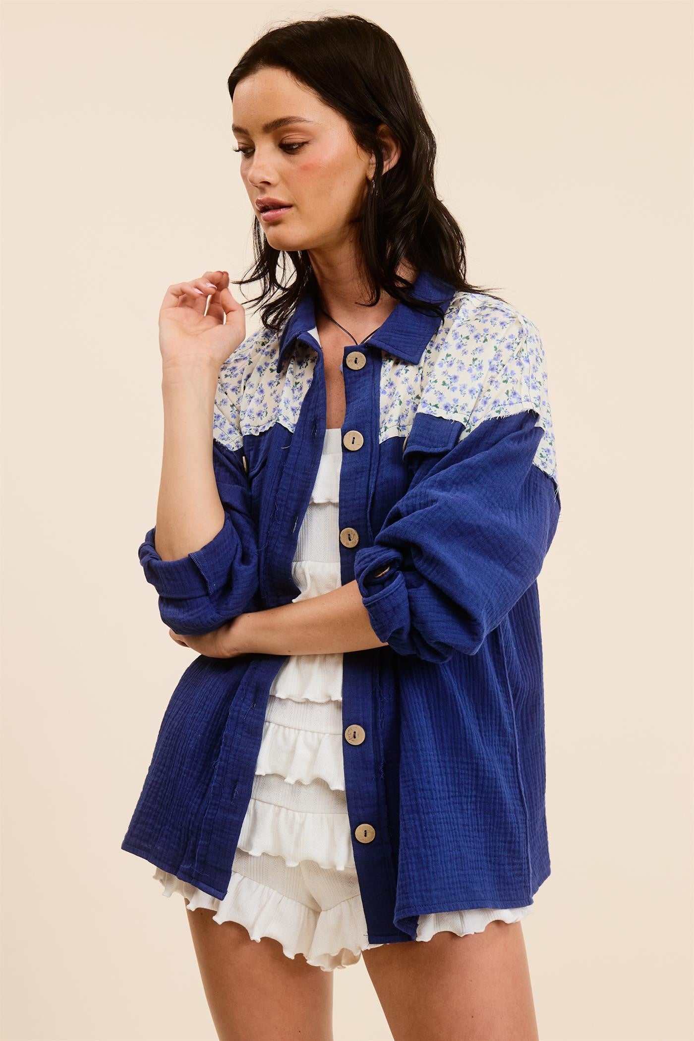 Navy Blue Colorblock Floral Maternity Button Down
