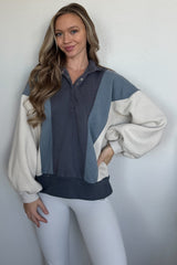 Blue Colorblock Snap Button Polo Sweatshirt