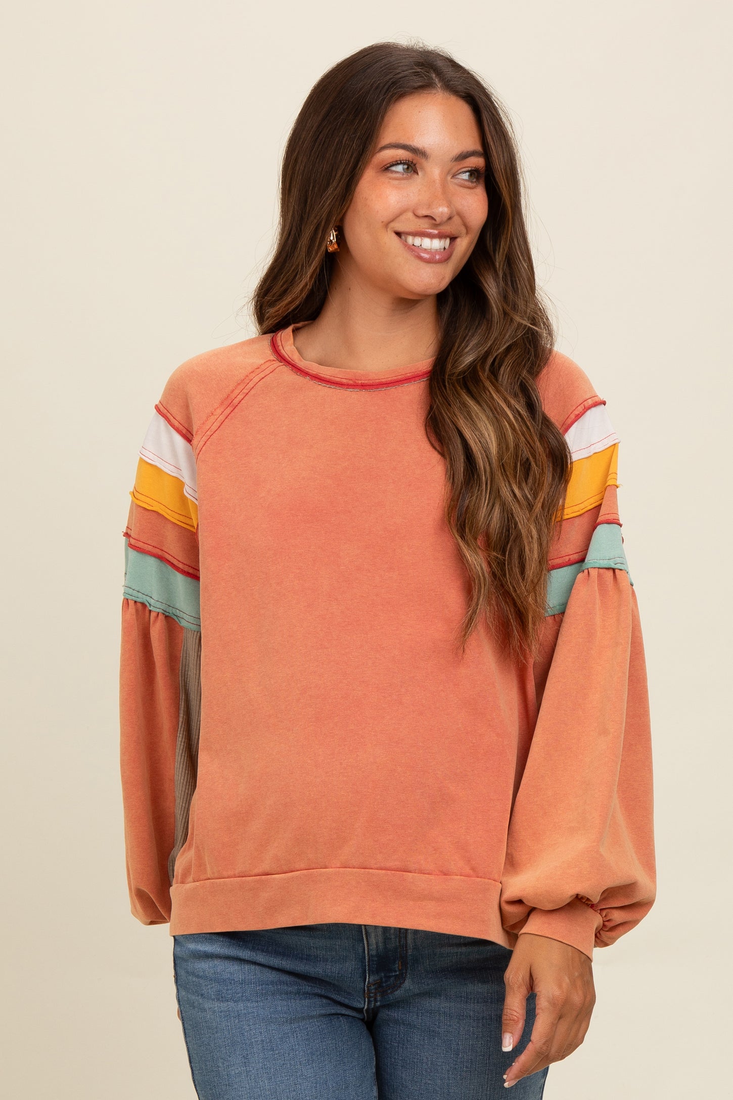 Orange Colorblock Bubble Sleeve Maternity Pullover
