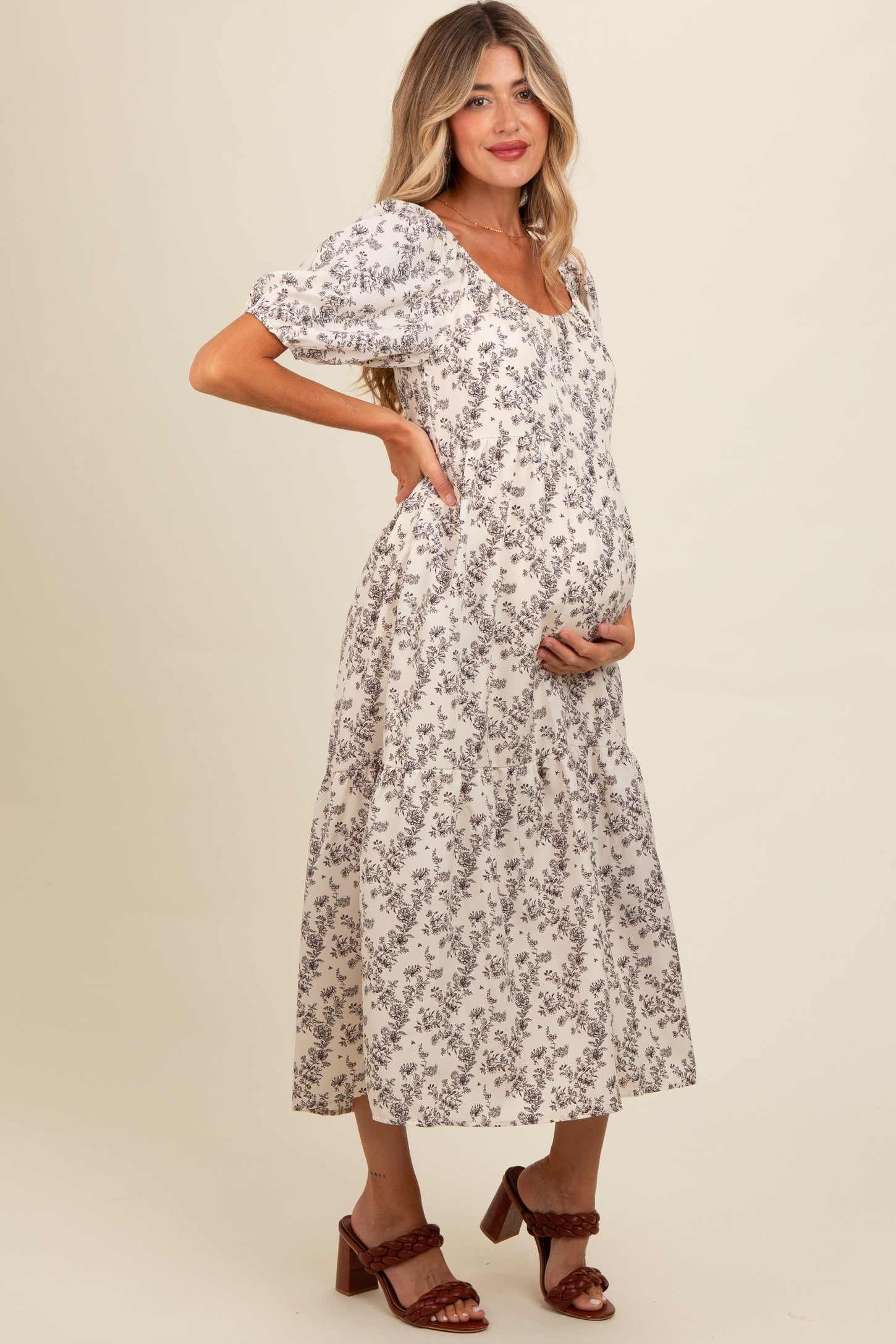 Cream Floral Ruffle Hem Maternity Midi Dress