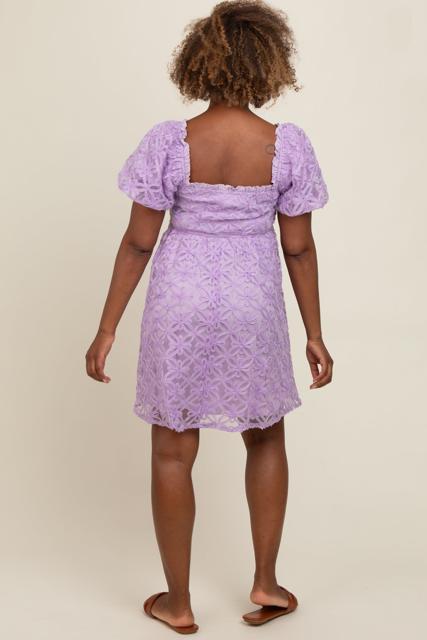 Lavender Floral Mesh Lace Puff Sleeve Dress
