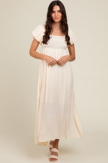 Cream Smocked Puff Sleeve Maxi Dress