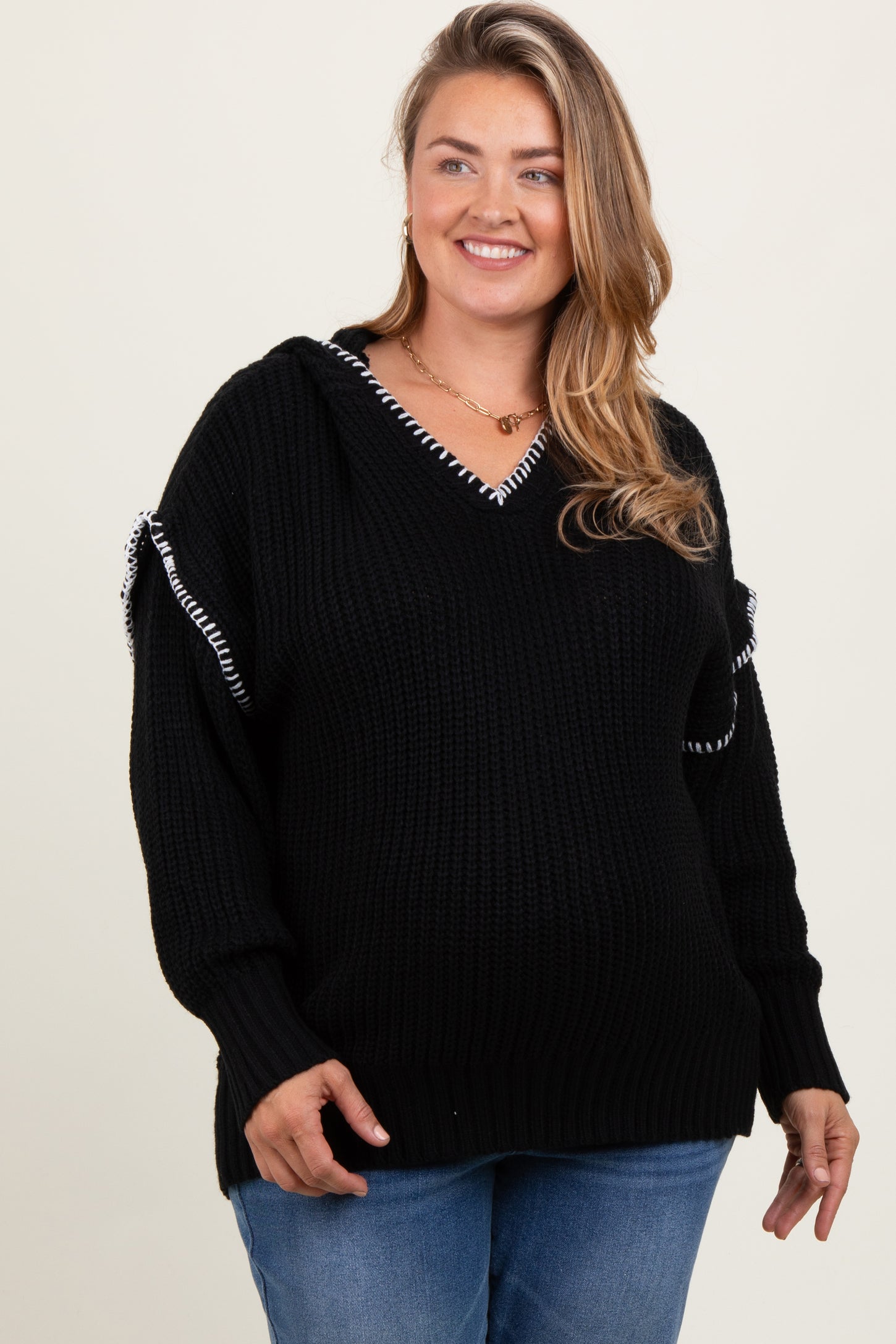 Black Contrast Stitch Hooded Maternity Plus Sweater