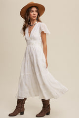 Cream Flower Embroidered V-Neck Tiered Maxi Dress