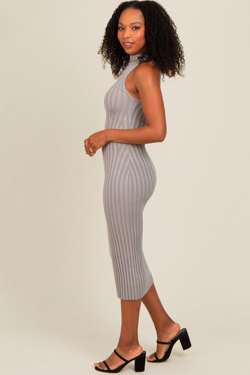 Grey Ribbed Knit Mock Neck Fitted Dress
