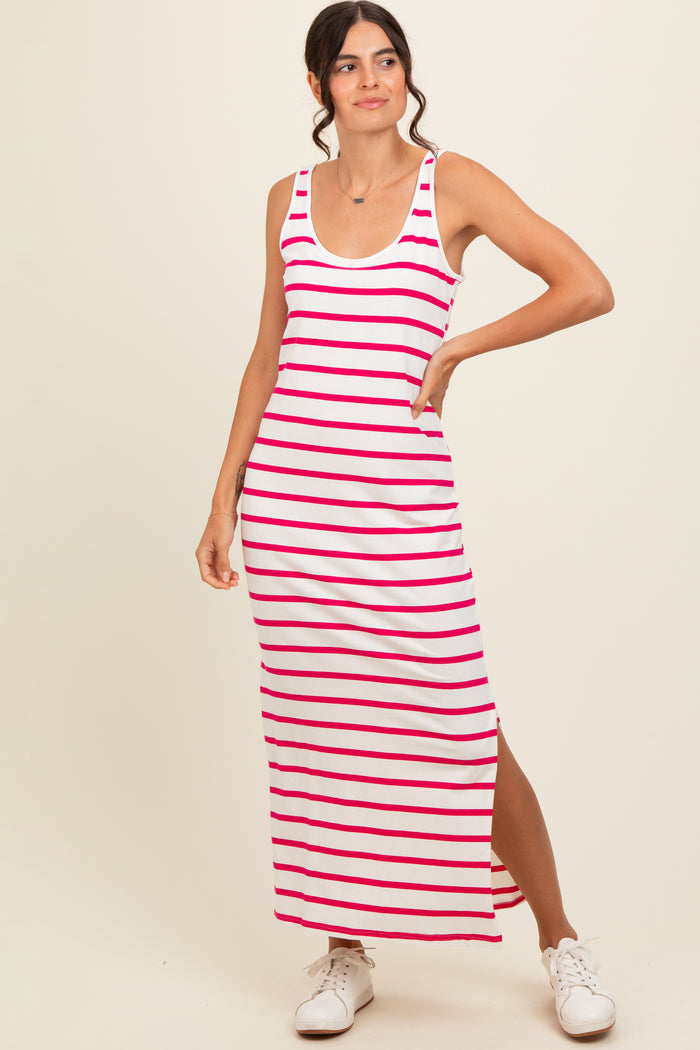 Fuchsia Striped Sleeveless Side Slit Maternity Maxi Dress