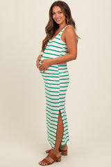Green Striped Sleeveless Side Slit Maternity Maxi Dress