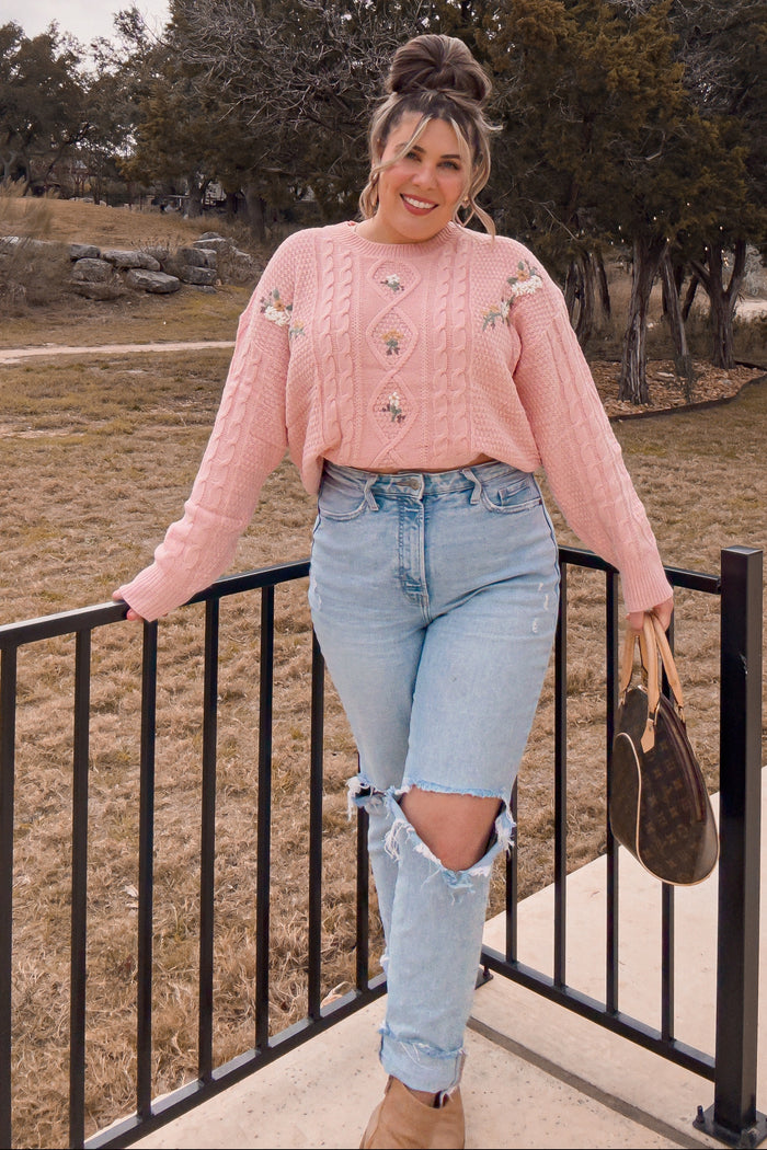 Mauve Embroidered Flower Cable Knit Sweater