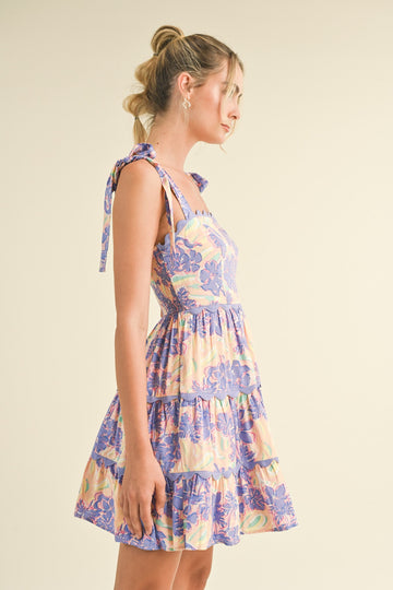 Lavender Nude Floral Tiered Scallop Trim Mini Dress