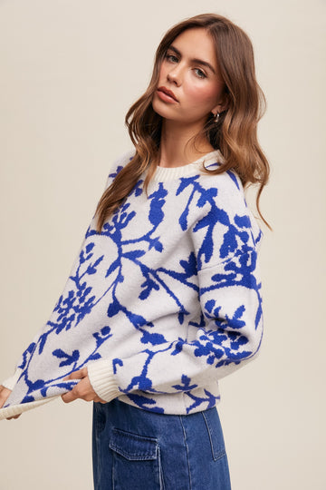 Royal Blue Floral Drop Shoulder Sweater