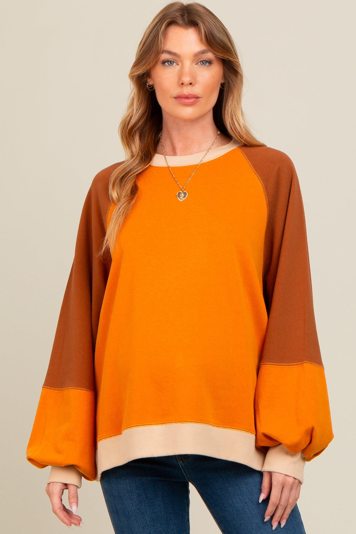 Camel Colorblock Bubble Sleeve Maternity Pullover