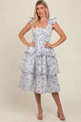 Grey Floral Smocked Tiered Layered Maternity Midi Dress