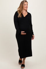 Black Ribbed Collared Maternity Plus Midi Sweater Dress