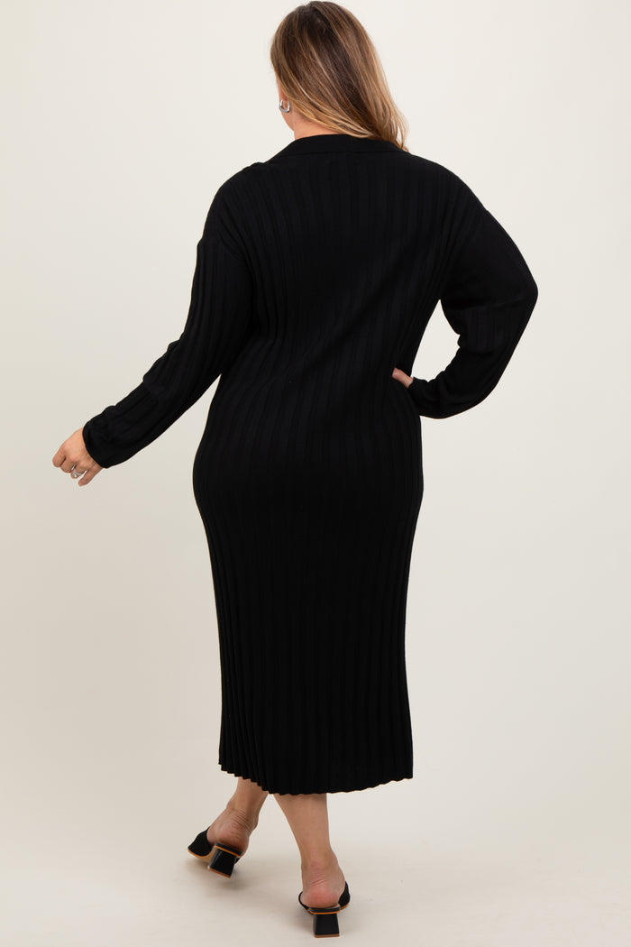 Black Ribbed Collared Maternity Plus Midi Sweater Dress