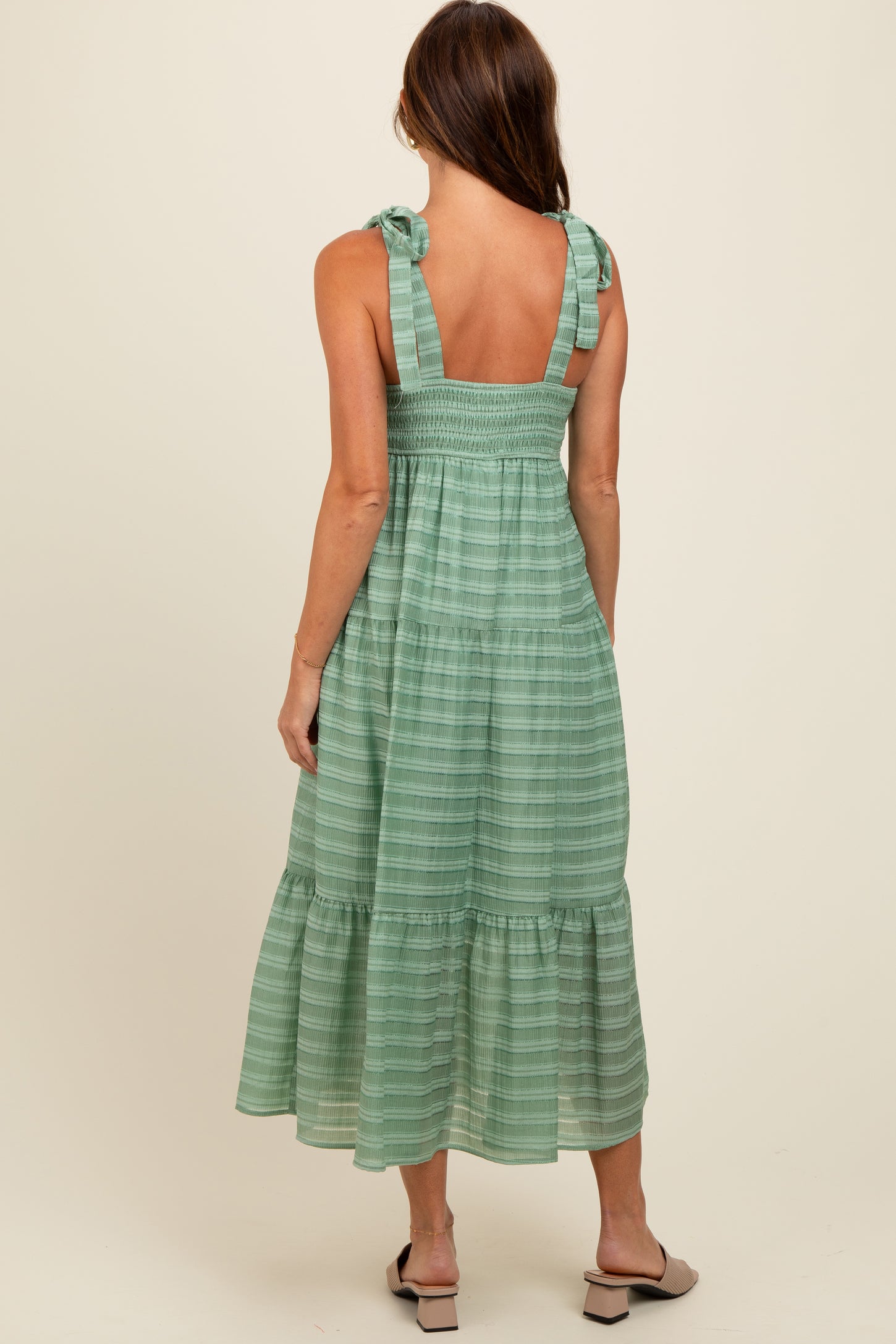Light Olive Gingham Shoulder Tie Dress