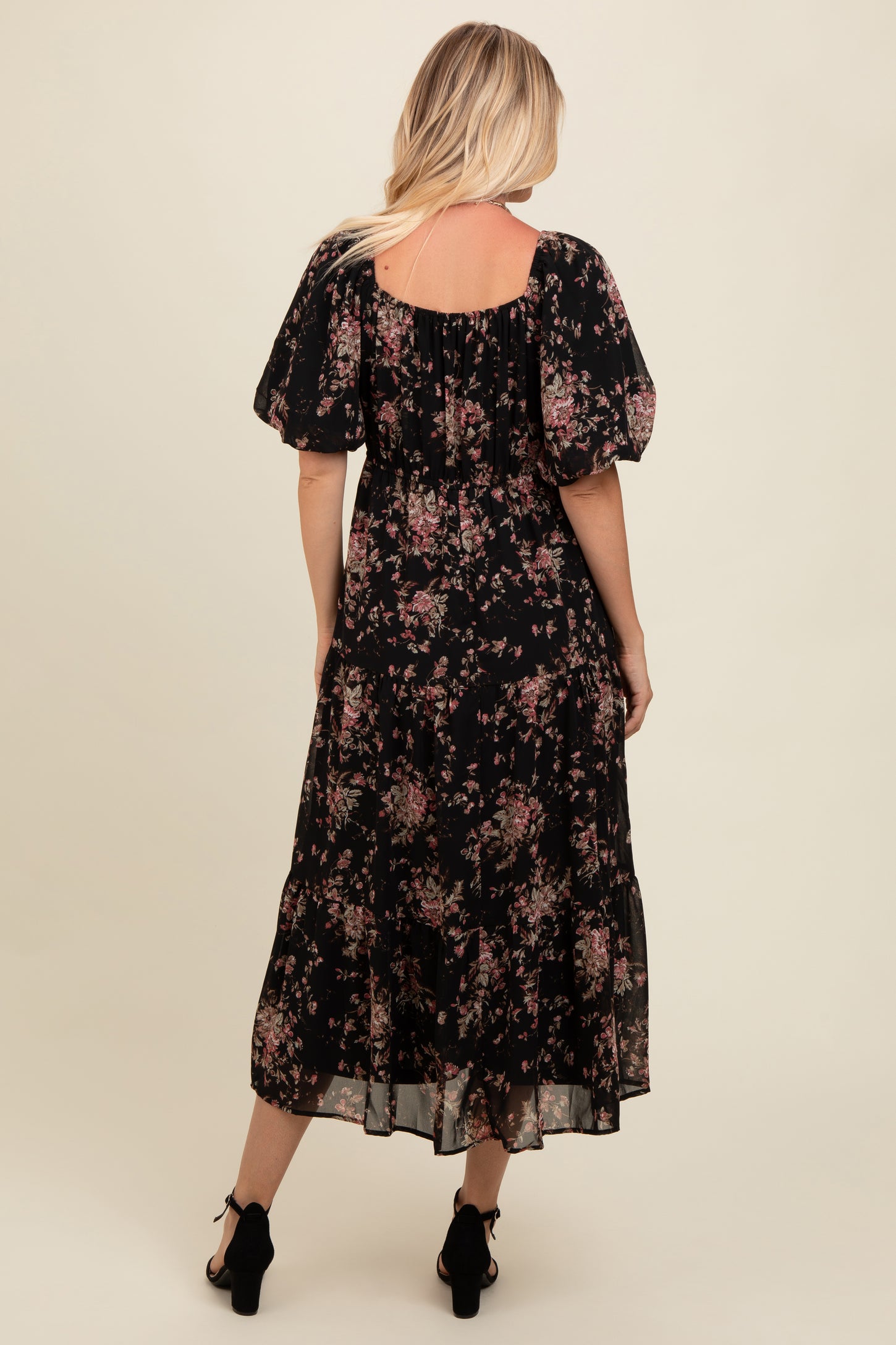 Black Floral Tiered Puff Sleeve Maxi Dress