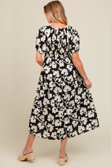 Black Floral Smocked Maternity Midi Dress