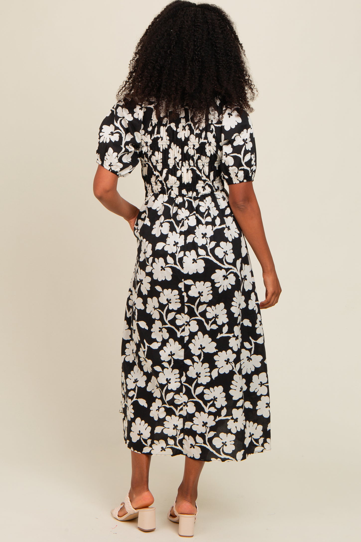 Black Floral Smocked Midi Dress
