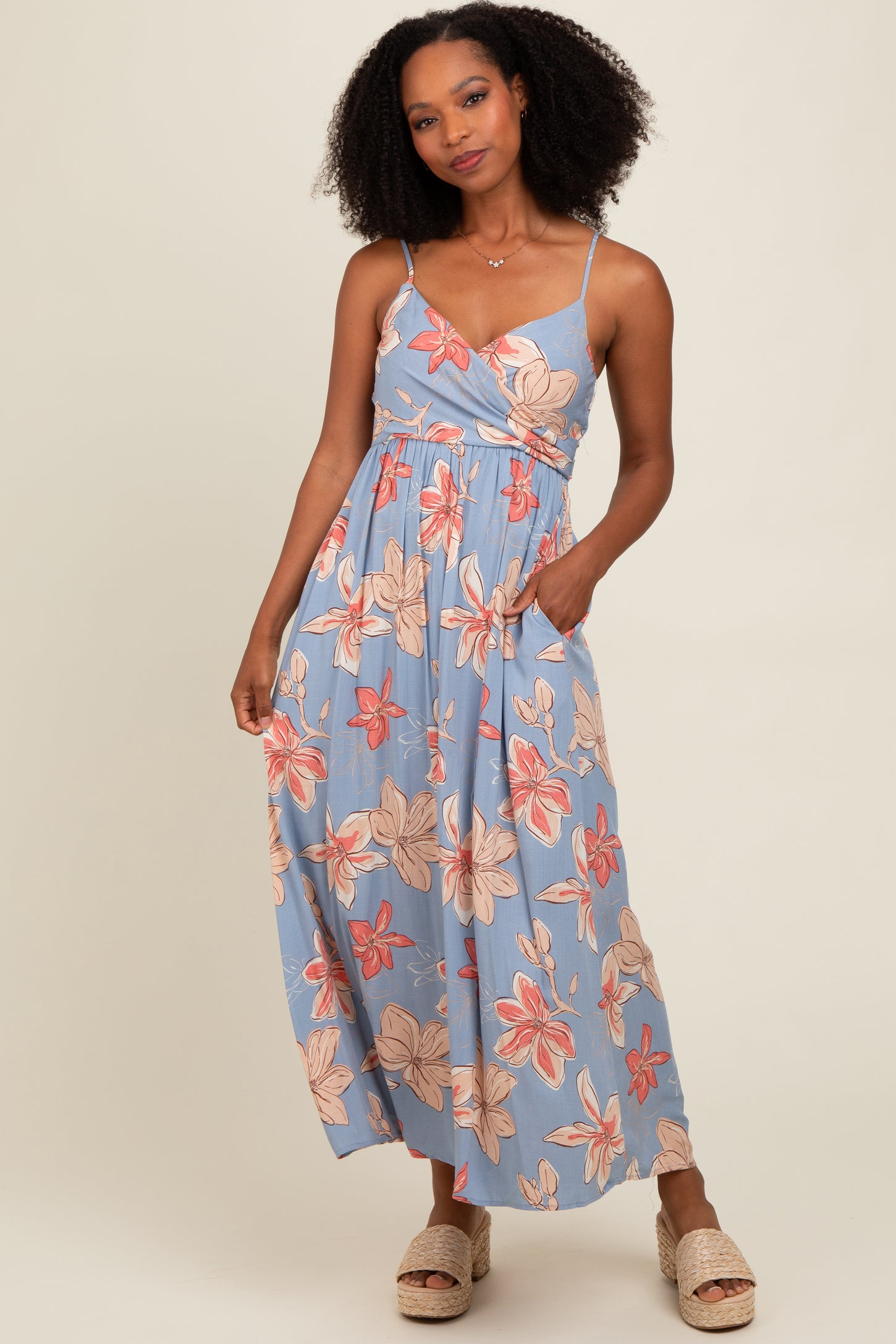 Blue Floral Crossover Neckline Maternity Maxi Dress
