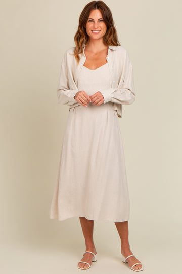 Beige Linen Cropped Shirt Midi Dress Set