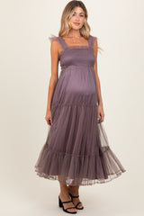 Mauve  Mesh Overlay Smocked Maternity Midi Dress