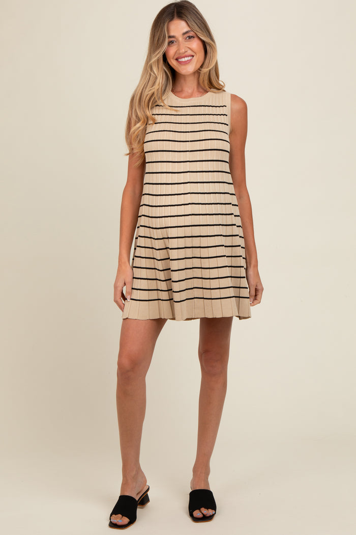 Beige Striped Knit Pleated Maternity A-Line Mini Dress
