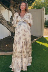 Cream Floral Deep V-Neck Maternity Maxi Dress