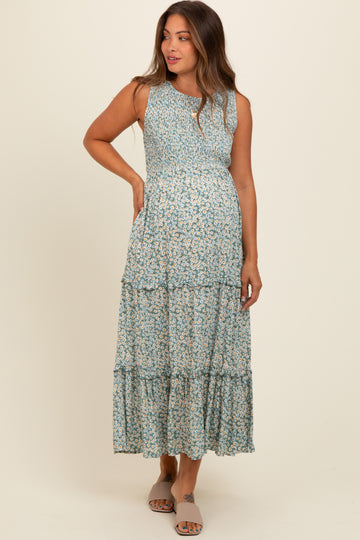 Light Olive Floral Sleeveless Ruffle Tiered Maternity Maxi Dress