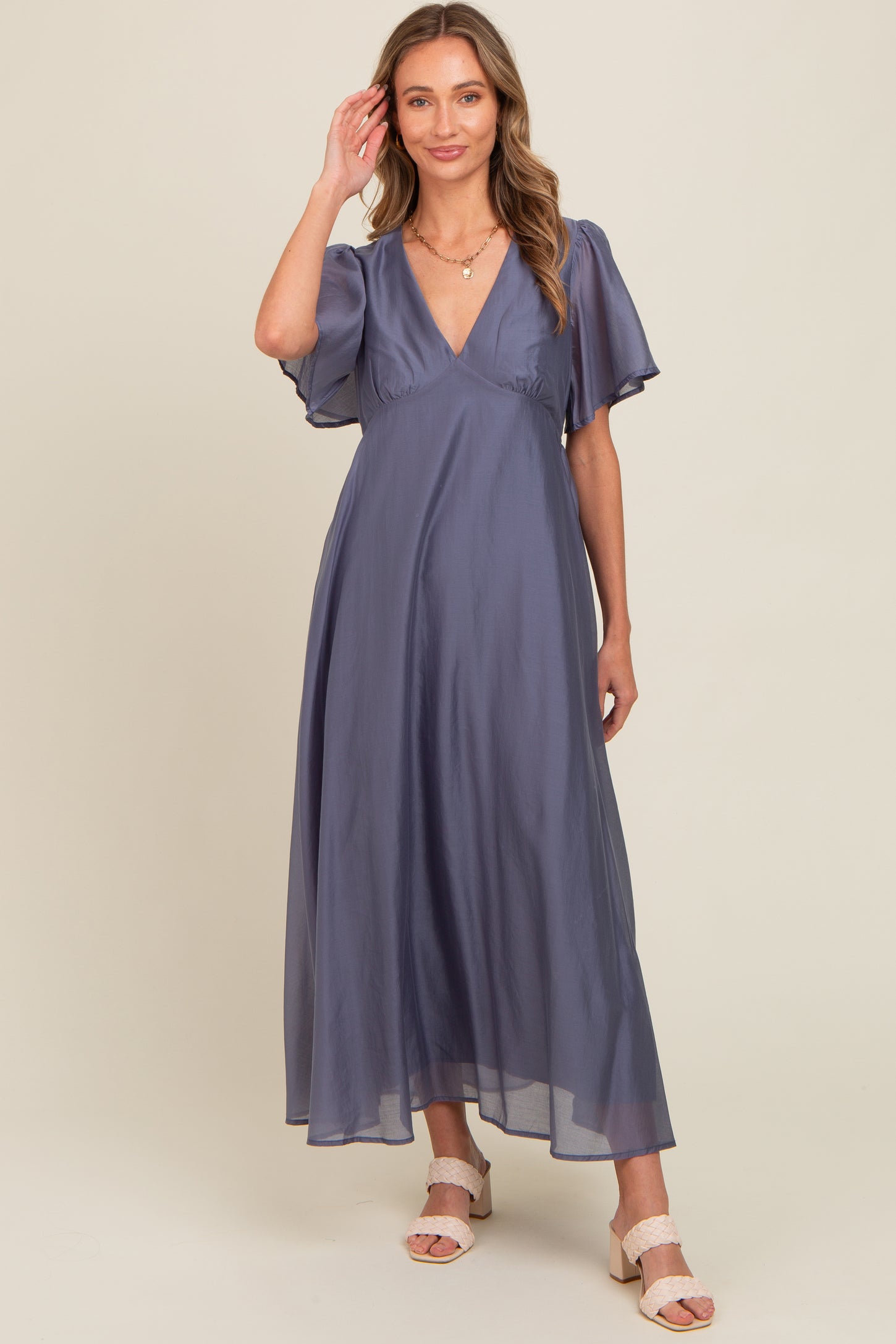 Blue V-Neck Flutter Sleeve Maxi Dress