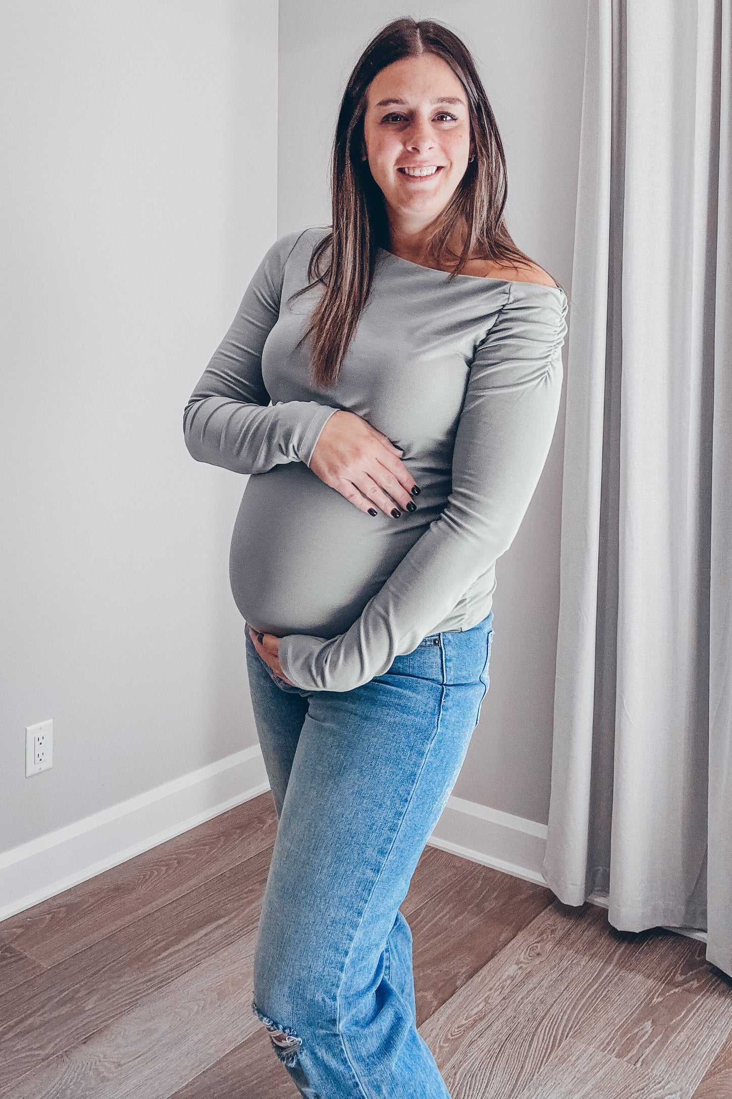 Light Olive One Shoulder Long Sleeve Maternity Top