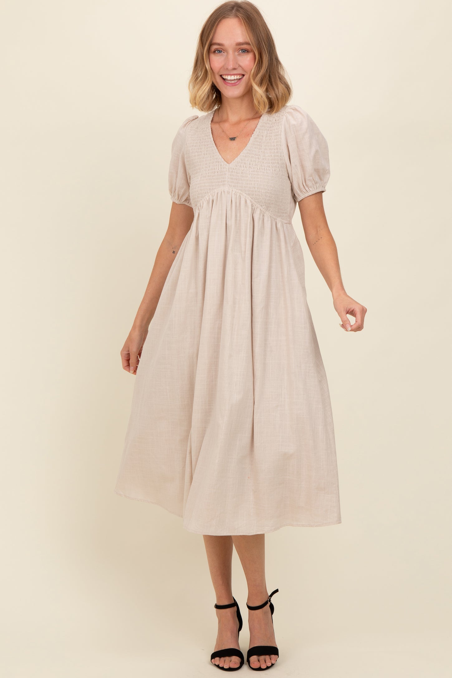 Beige Smocked V-Neck Puff Sleeve Maternity Midi Dress