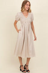 Beige Smocked V-Neck Puff Sleeve Midi Dress