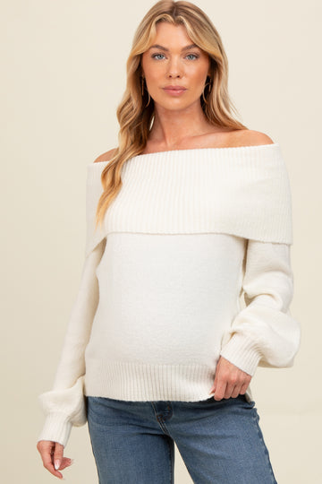 Ivory Off Shoulder Foldover Maternity Sweater
