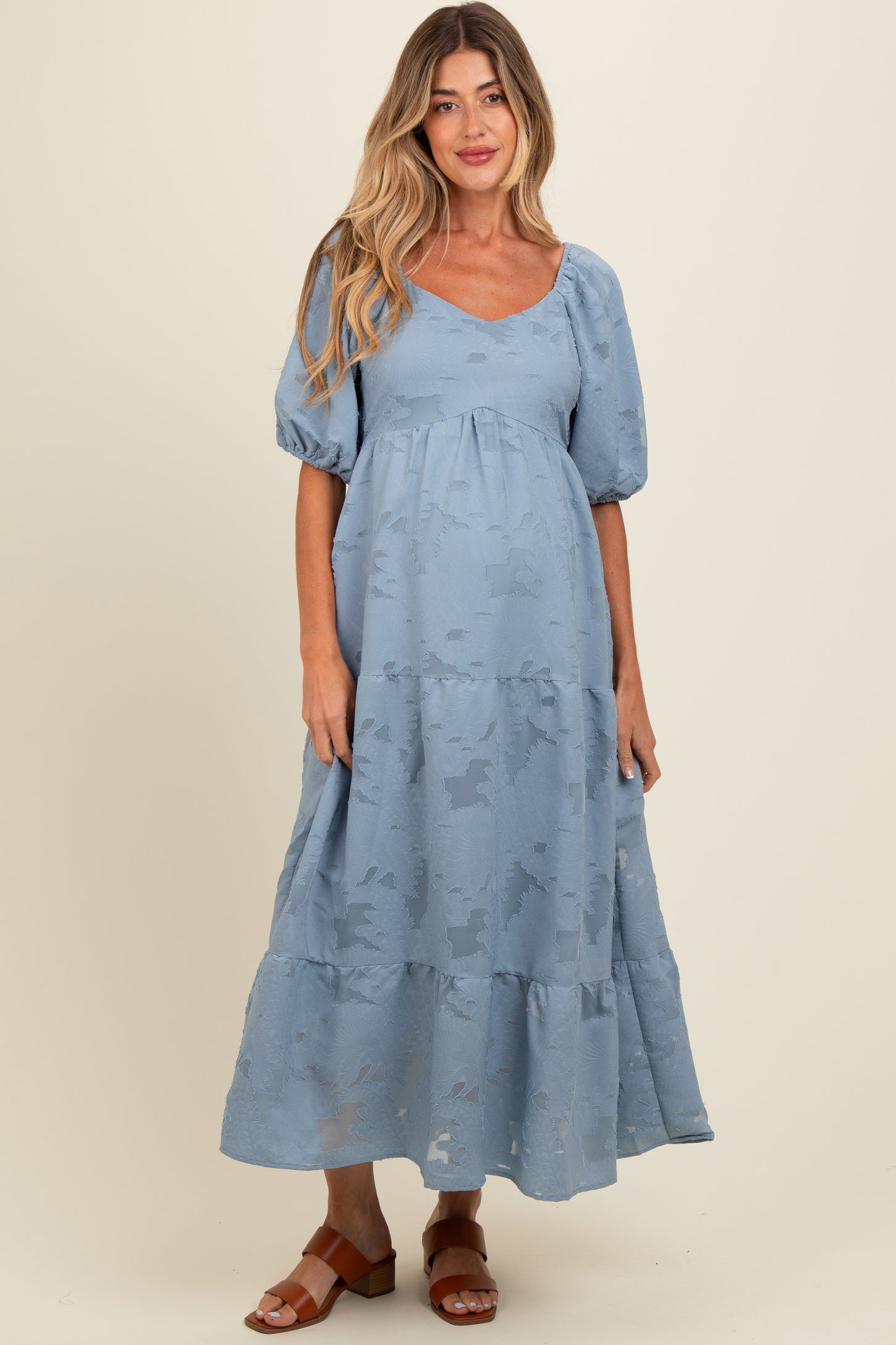 Blue Floral Textured Tiered Midi Maternity Dress