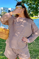 Mocha Checkered Plaid Pullover Shorts Set