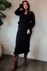 Black Ruffle Hem Knit Top And Midi Skirt Set